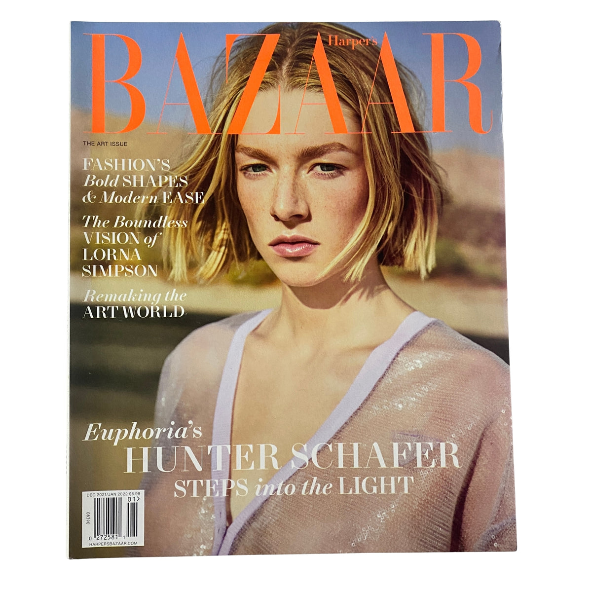 Cover of Harper's Bazaar Magazine December 2021 featuring Hunter Schafer, highlighting her role in Euphoria and fashion exploration.