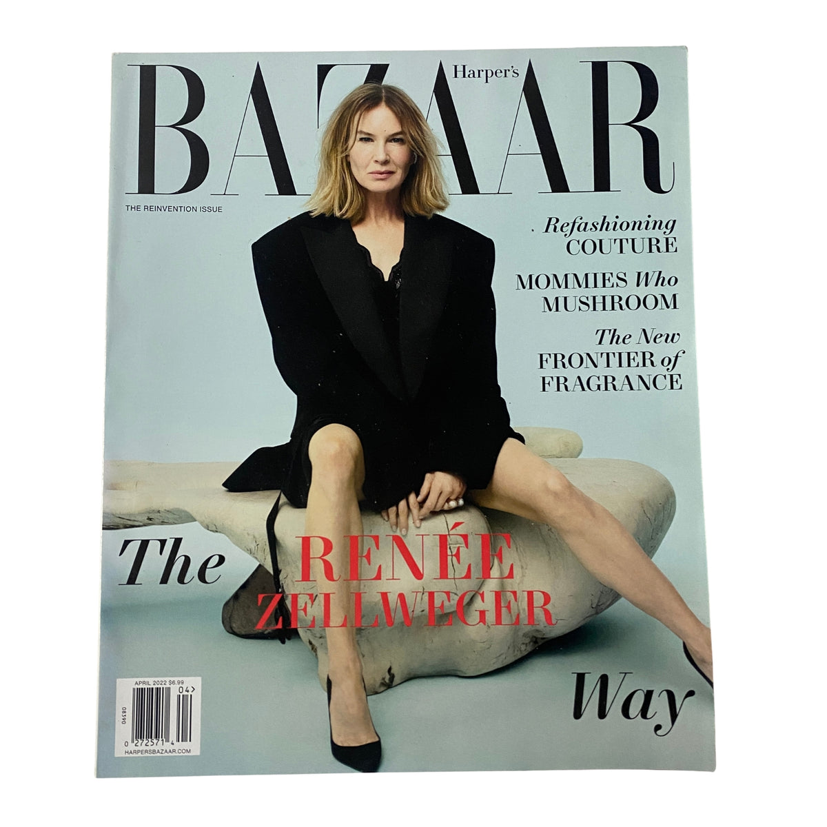 Cover of Harper's Bazaar Magazine April 2022 featuring Renée Zellweger, showcasing an elegant portrait of the actress styled in a black outfit for the editorial titled 'The Renée Zellweger Way'.