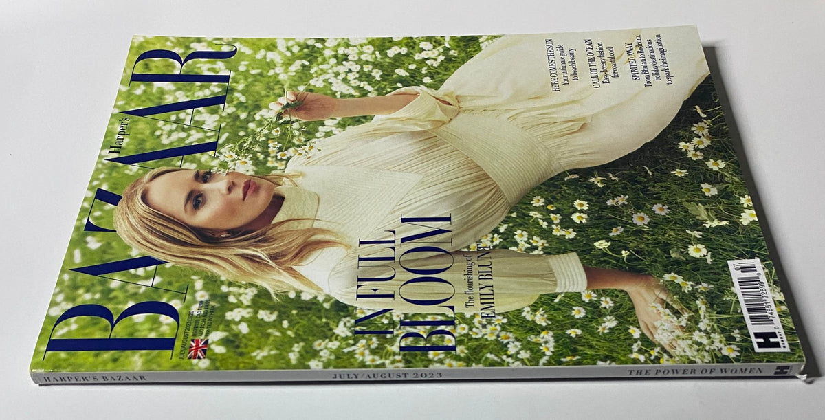 Harper's Bazaar UK Magazine July August 2023 cover showcasing Emily Blunt in a floral setting, with the title 'In Full Bloom' prominently displayed.