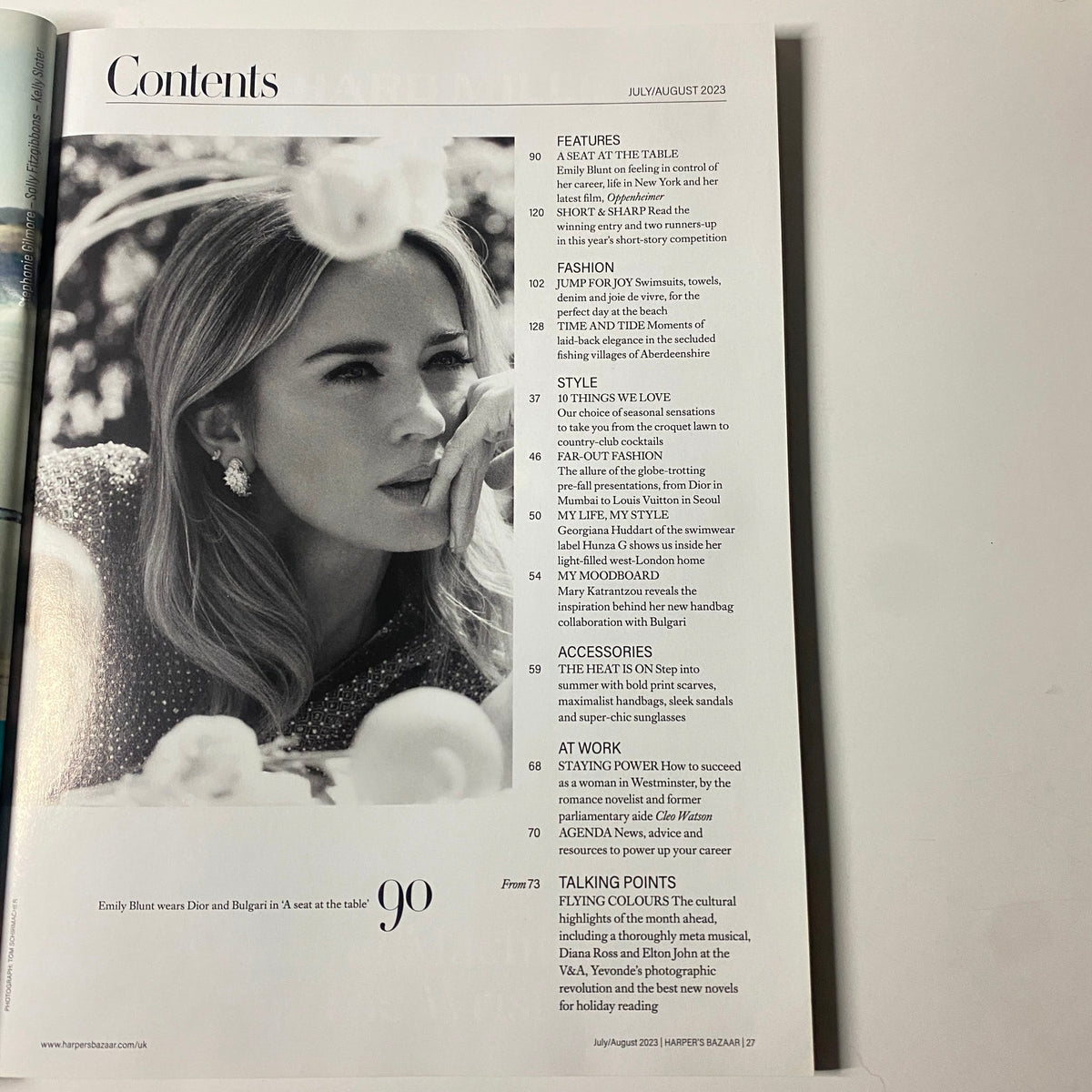 Harper's Bazaar UK Magazine July August 2023 Contents featuring Emily Blunt with a focus on the article 'A Seat at the Table' (Page 90), highlighting her fashion style and career insights.