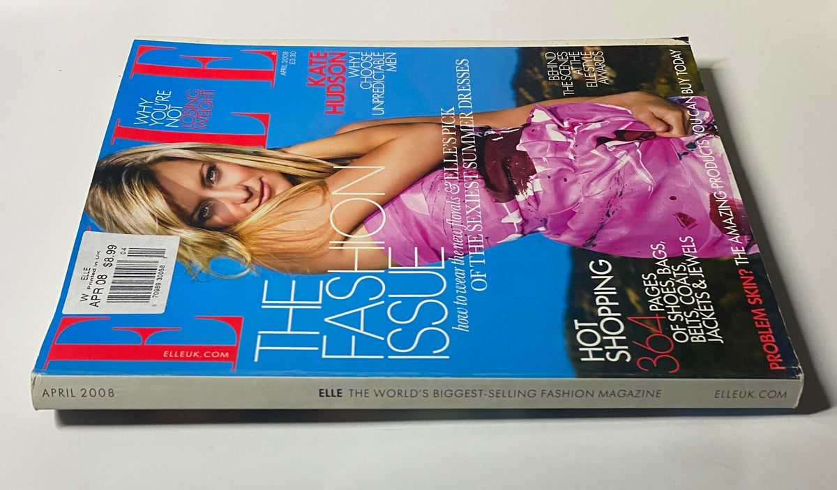 Back view of Elle UK Magazine April 2008, highlighting Kate Hudson on the cover. The magazine emphasizes fashion, showcasing the latest trends and style tips.