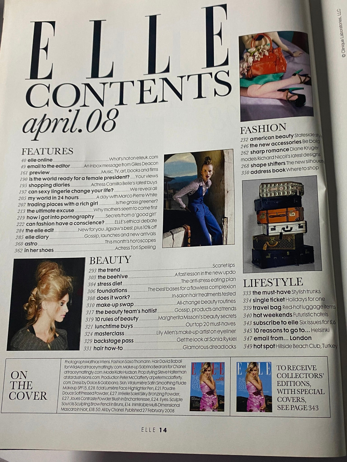 Elle UK Magazine April 2008 Kate Hudson Cover Contents Page featuring articles on fashion, beauty, and lifestyle.