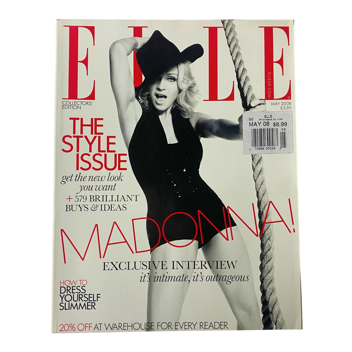 Elle UK Magazine May 2008 featuring Madonna on the cover, depicted in a stylish pose as part of the Style Issue. The magazine highlights fashion, beauty, and lifestyle topics.