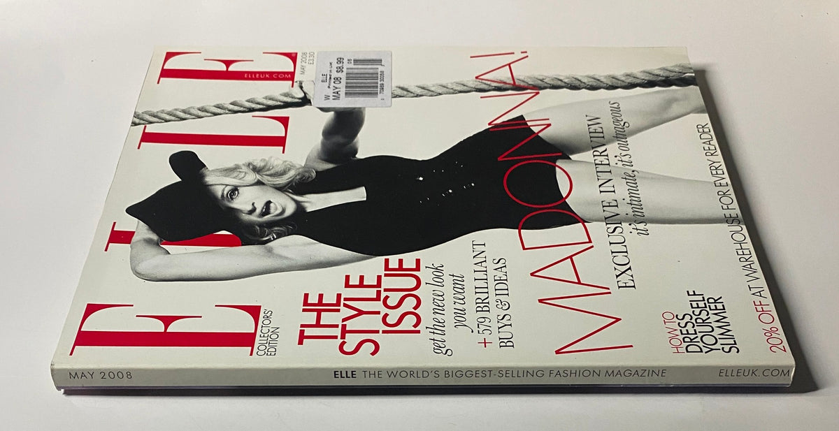 Elle UK Magazine May 2008 featuring Madonna on the cover, showcasing a stylish design with bold typography and a distinct layout.