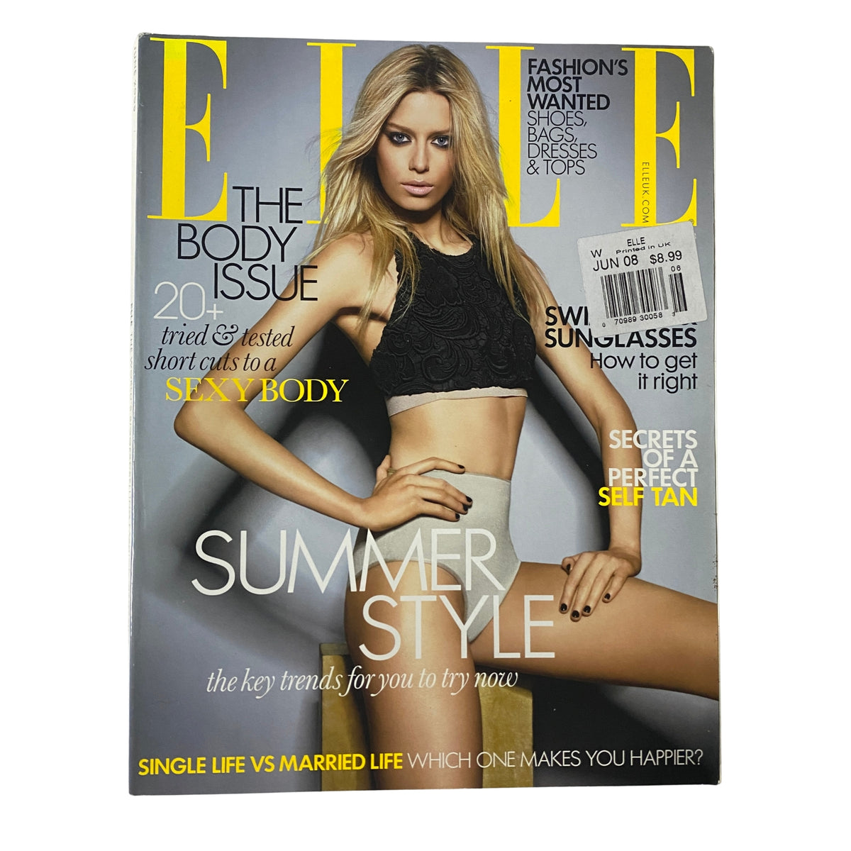 Elle UK Magazine June 2008 cover featuring a model in black lingerie promoting summer style, labeled as 'The Body Issue'. This issue highlights summer fashion trends.