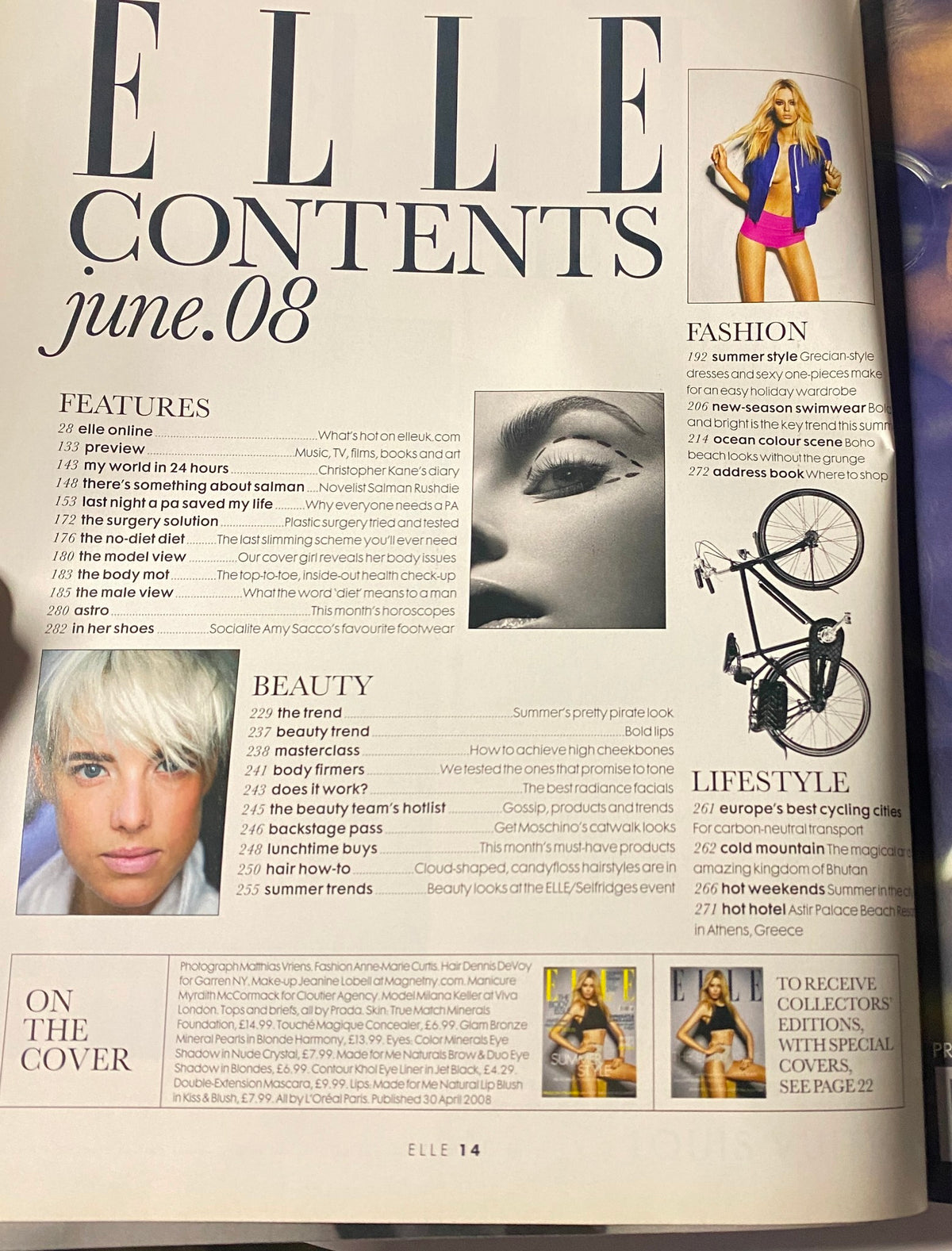 Contents page of Elle UK Magazine June 2008 outlining features and sections including beauty, fashion, and lifestyle.