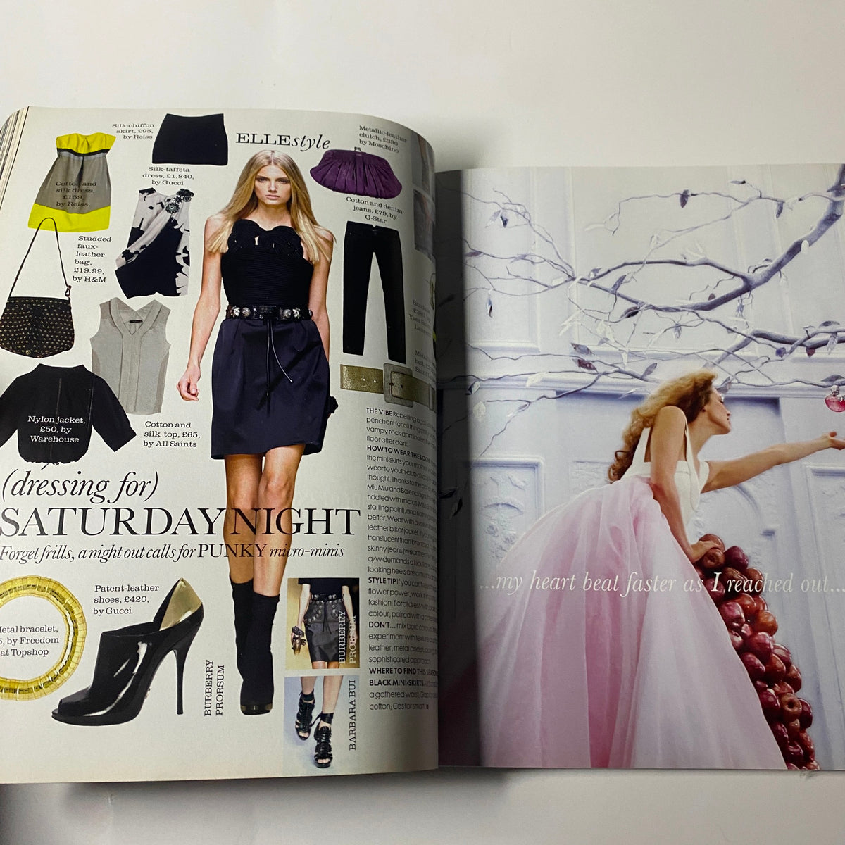 Fashion editorial spread from Elle UK Magazine June 2008, showcasing punk mini-dresses and accessories, representing summer style trends.