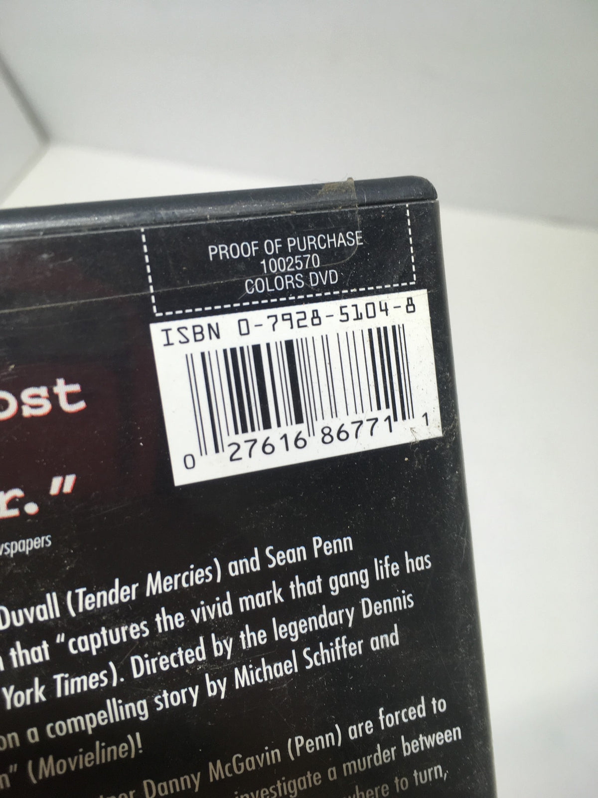 Barcode and proof of purchase of Colors DVD with ISBN number on the back.