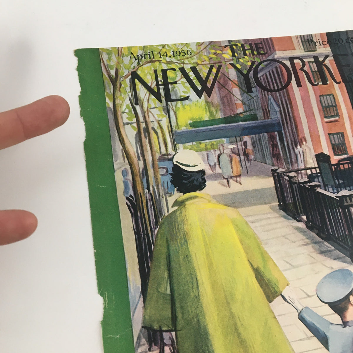 COVER ONLY The New Yorker April 14, 1956. Close-up view of the vintage cover art by Arthur Getz, illustrating a woman in a yellow coat and children, capturing the essence of 1950s New York City.
