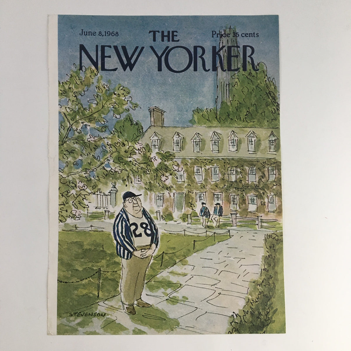 The New Yorker June 8 1968 Full Cover by James Stevenson showcasing a whimsical illustration of a man wearing a striped shirt and the number 28, set against a picturesque backdrop of a leafy garden and classic architecture.