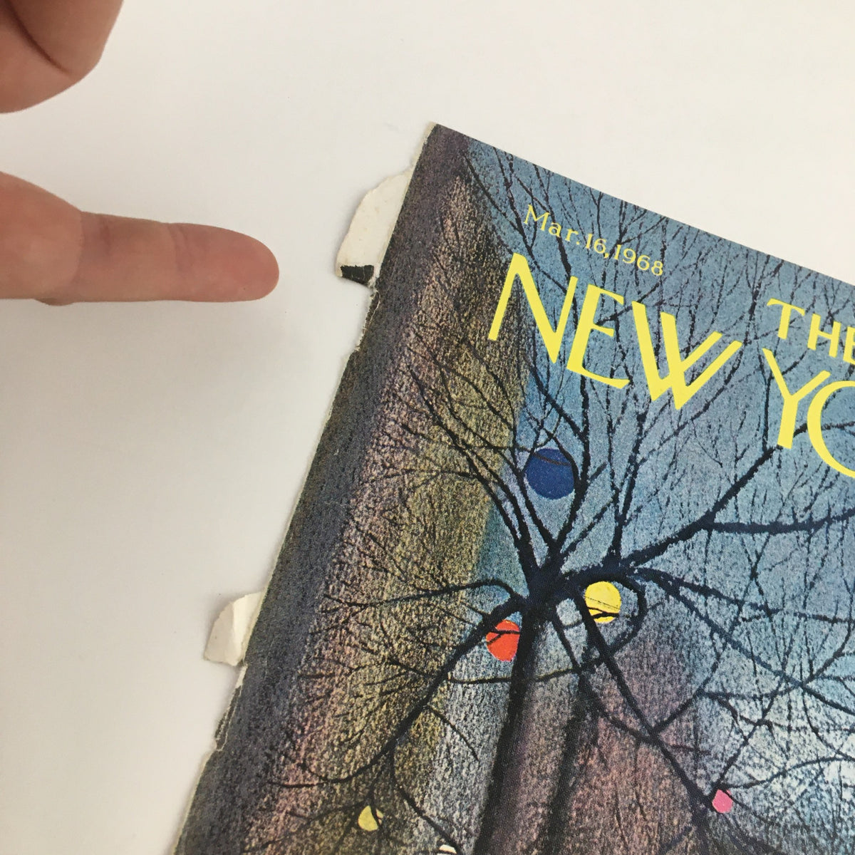 Close-up of the March 16, 1968 cover of The New Yorker by Charles E. Martin, showcasing details of the vintage magazine exhibiting minor wear on the outer edges.