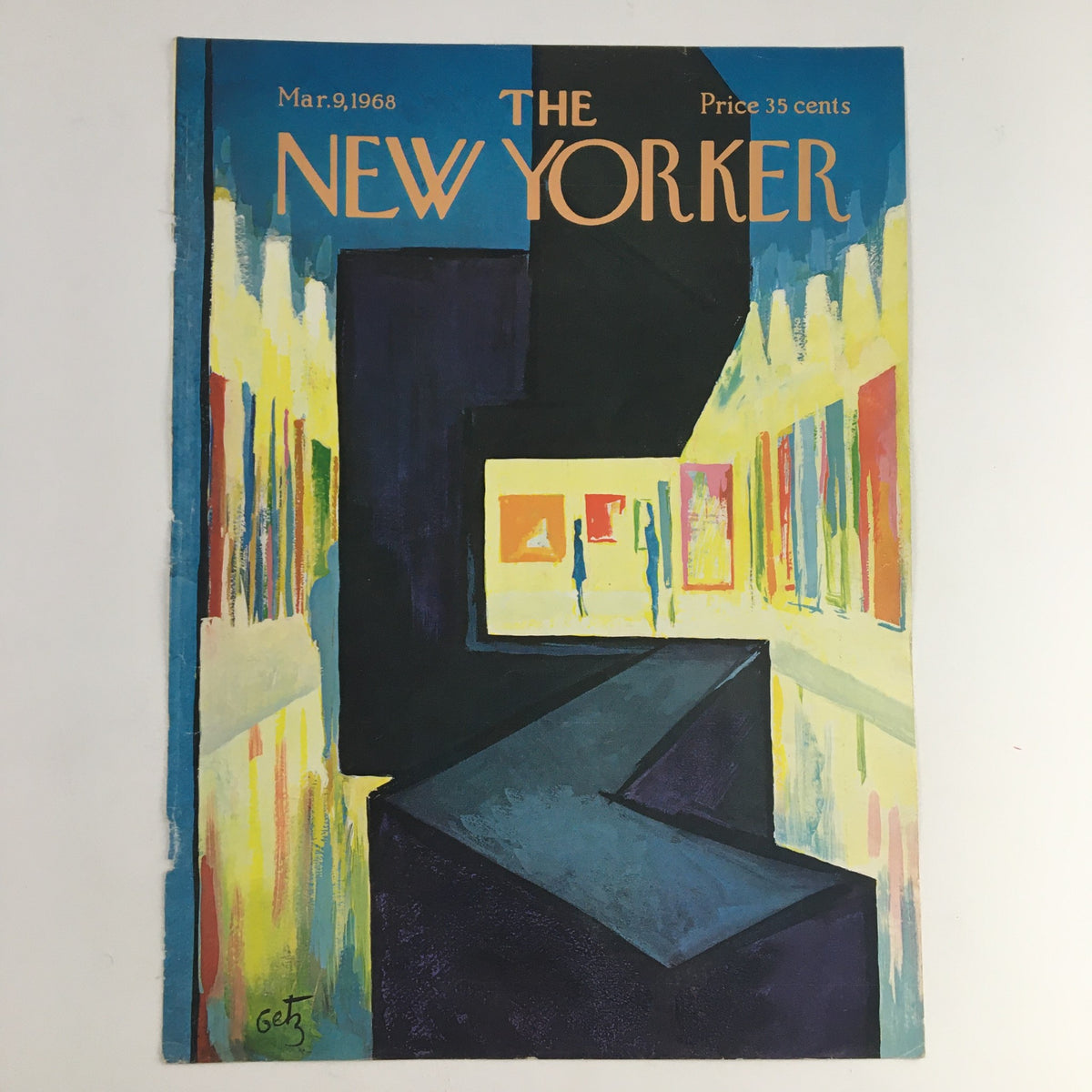 Cover of The New Yorker magazine, March 9, 1968, featuring a vibrant illustration by Arthur Getz, showcasing an artistic representation of a gallery with colorful art pieces and abstract designs, reflecting the cultural essence of the late 1960s.