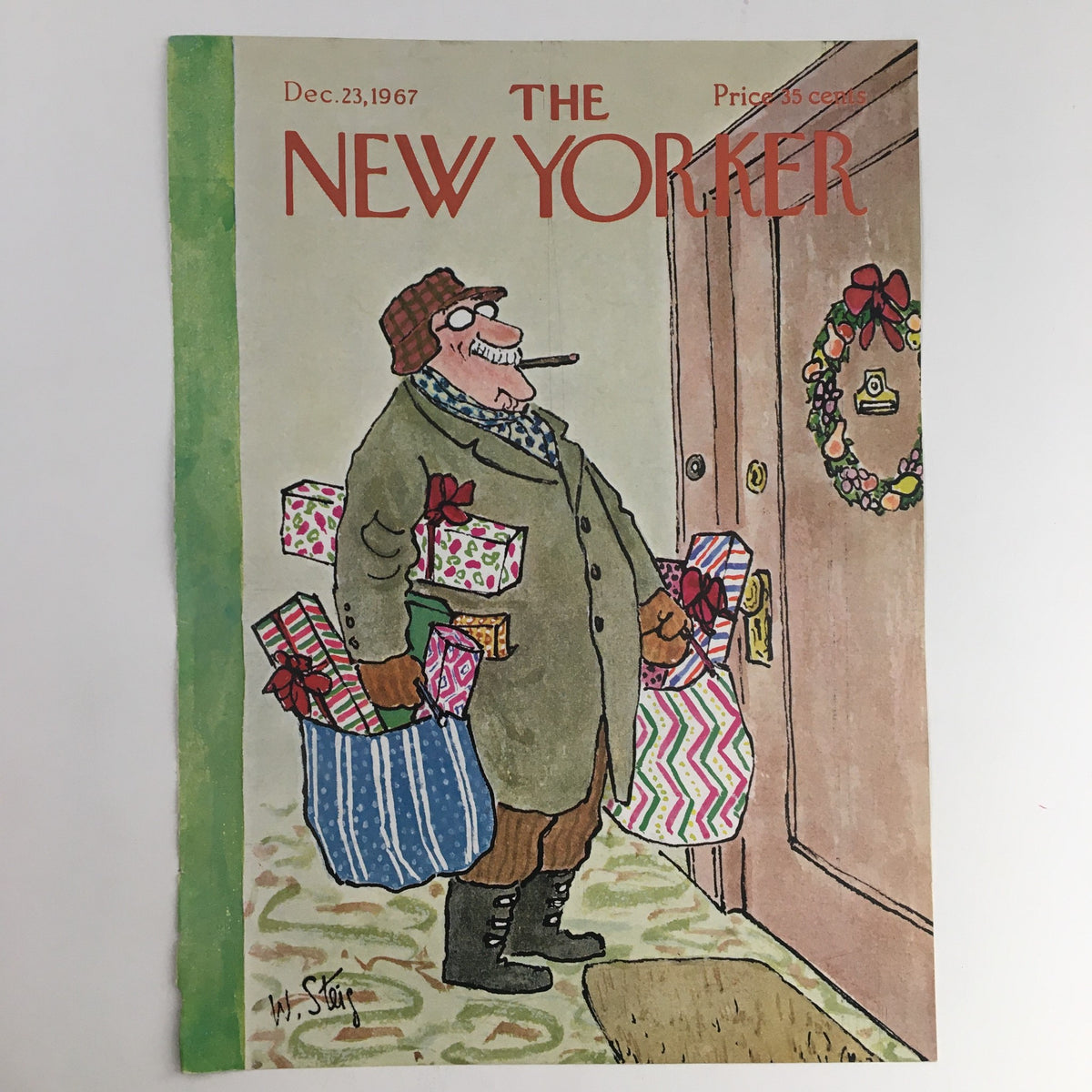Cover of The New Yorker December 23, 1967 showcasing artwork by William Steig, illustrating a man in a winter coat with gifts in hand standing at a doorstep.