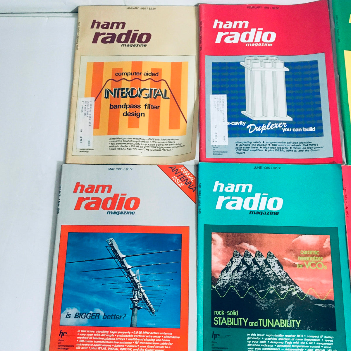 Lot of 12 Complete January to December 1985 Ham Radio Volume 1 to 12 showcasing covers from various issues including computer-aided filter design.