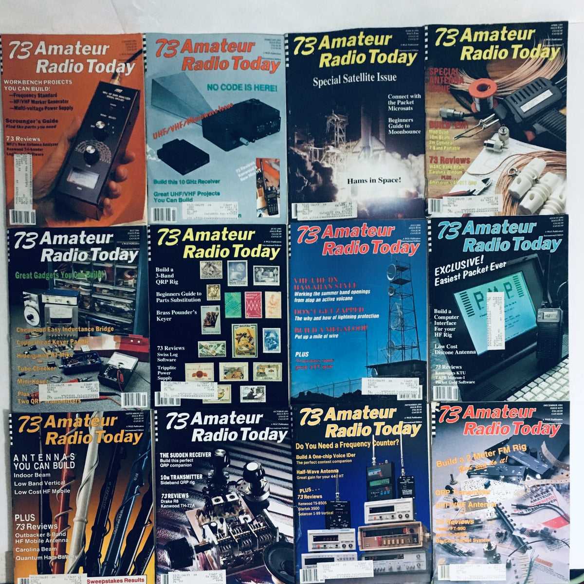 Lot of 12 Complete January to December 1991 73 Amateur Radio Volume 1 to 12. A collage of magazine covers featuring various amateur radio projects, tips, and satellite communication topics.