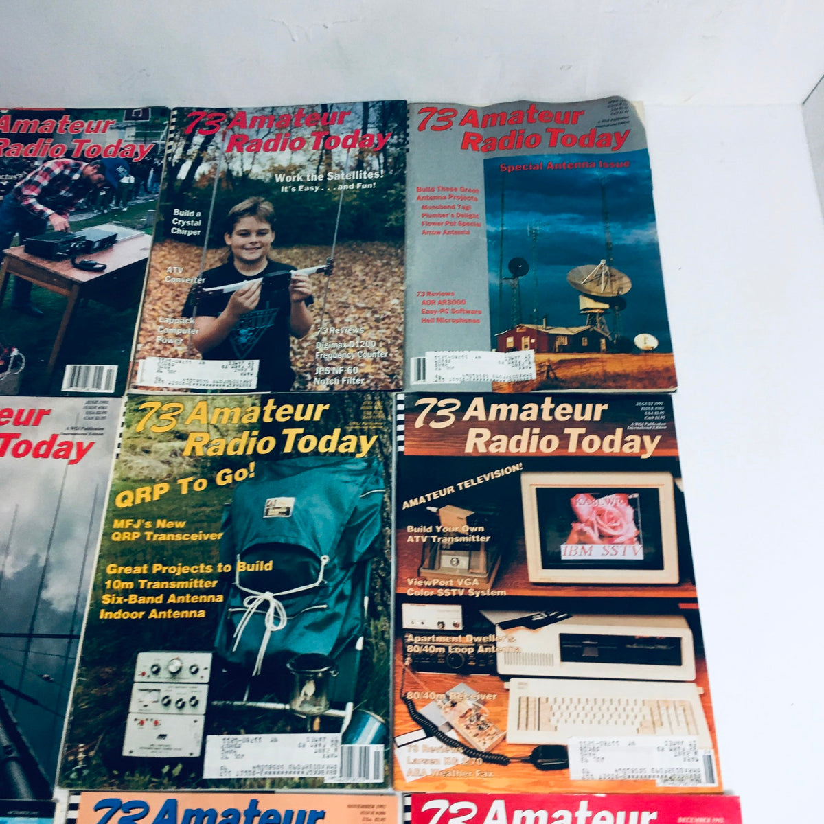 Lot of 12 Complete January to December 1992 73 Amateur Radio Volume 1 to 12, featuring various covers of the magazines, including a boy with a crystal chipper and amateur satellite projects, displayed in a collage.