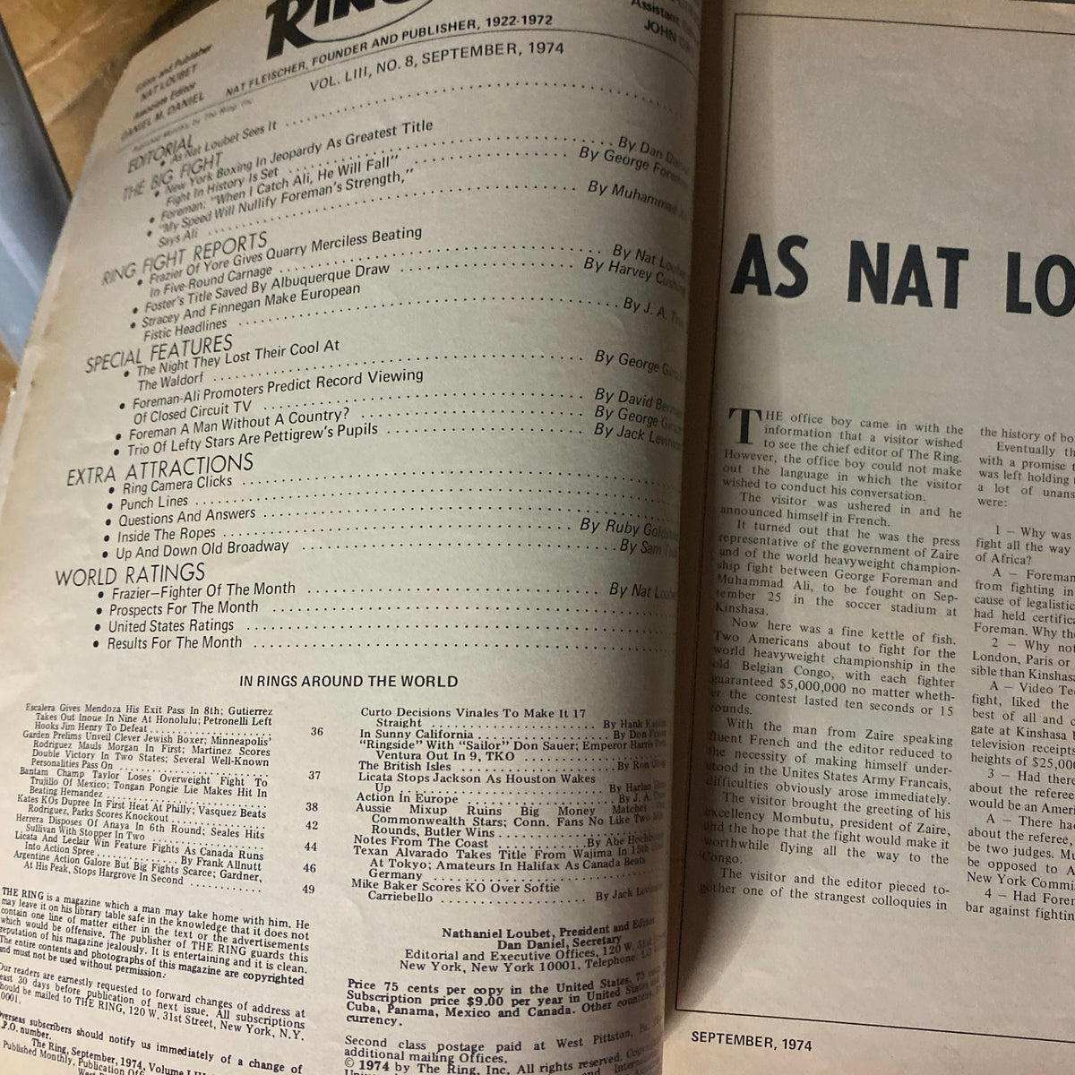 Vintage The Ring Magazine September 1974 George Foreman vs Muhammad Ali No Label