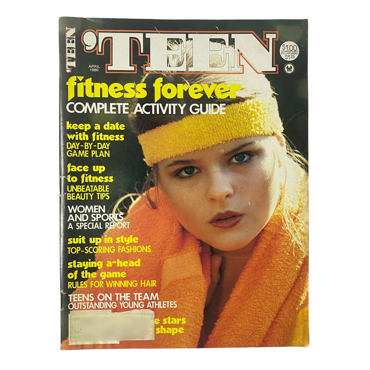 'Teen Magazine April 1980 Vol 24 No. 4 - Fitness Forever Complete Activity Guide cover featuring a young woman in a bright yellow workout outfit, emphasizing fitness and beauty for teens.