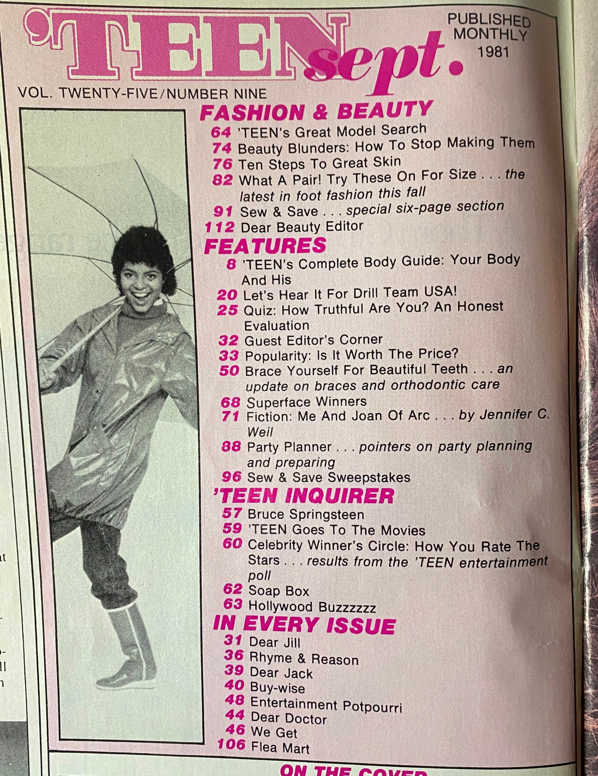 'Teen Magazine September 1981 - Table of contents page showing sections on Fashion & Beauty, Features, and Teen Inquirer, with the magazine's content outline.