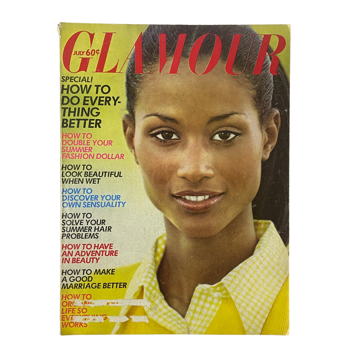 Cover of the July 1972 Glamour Magazine featuring Beverly Johnson, showcasing a special issue on how to improve various aspects of life with a focus on beauty and fashion.