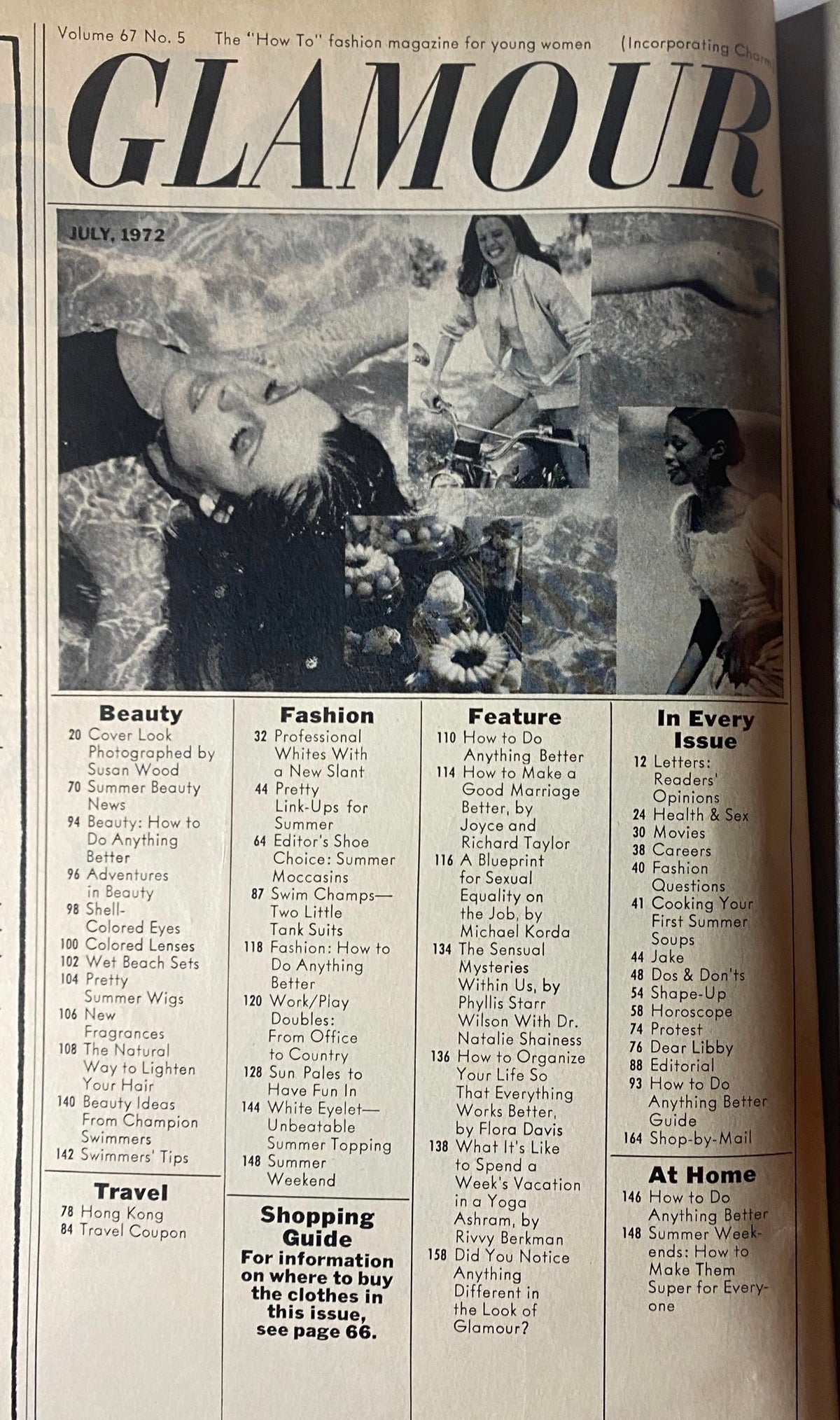 Page from July 1972 Glamour Magazine displaying the table of contents, highlighting sections on beauty, fashion, travel, and lifestyle, encapsulating the empowering themes of the issue.