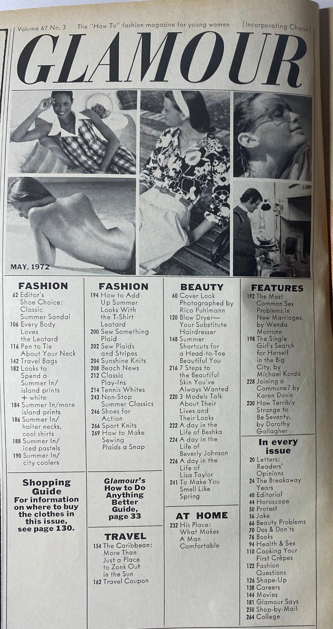 Inside page of Glamour Magazine May 1972 showing the table of contents, with sections on fashion, beauty, lifestyle, and features including topics on marriage, travel, and home.