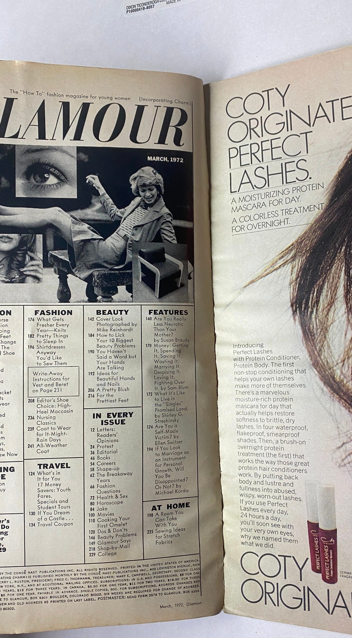 Page from Glamour Magazine March 1972 featuring table of contents and fashion highlights, showcasing the magazine's vintage design and content. Cover Look by Mike Reinhardt.
