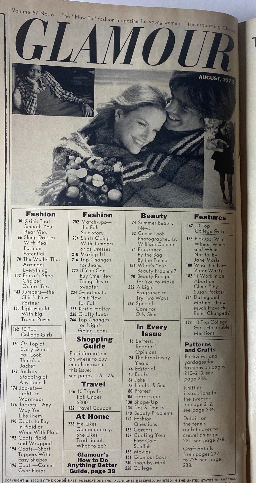Table of contents from Glamour Magazine August 1972, highlighting various sections on fashion, beauty, and features.