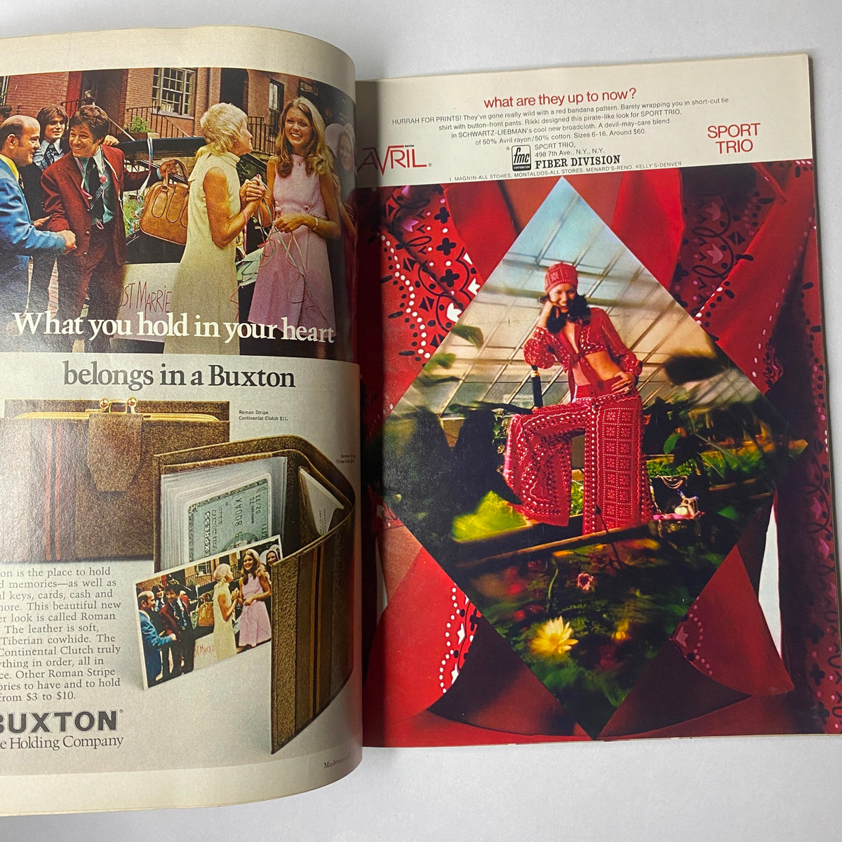 Mademoiselle Magazine April 1973 Three for the Bath: Peachy Clean featuring a fashion advertisement showcasing vibrant 1970s styles with colorful attire and cheerful models.
