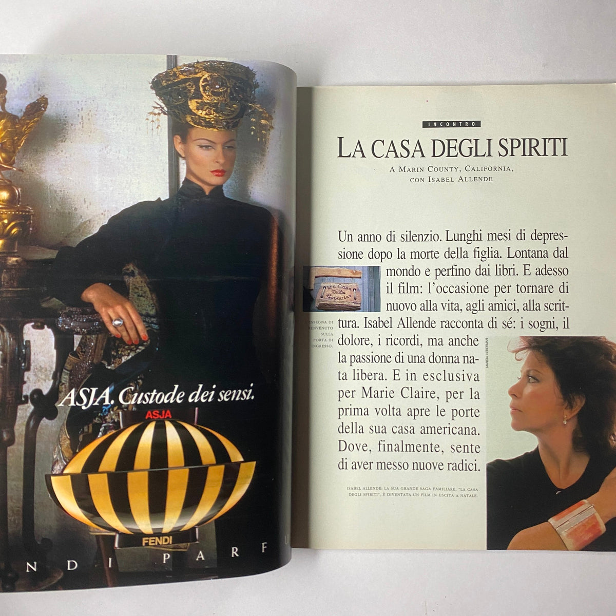 Fendi advertisement featuring model ASJA showcasing fashion with the tagline 'ASJA. Custode dei sensi' from the Marie Claire Italia December 1993 issue with Tatjana Patitz cover.