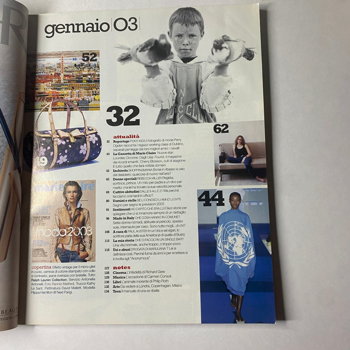 Inside page of Marie Claire Italia January 2003 magazine detailing contents including fashion, culture, and literary features, highlighting the contributions of various authors.