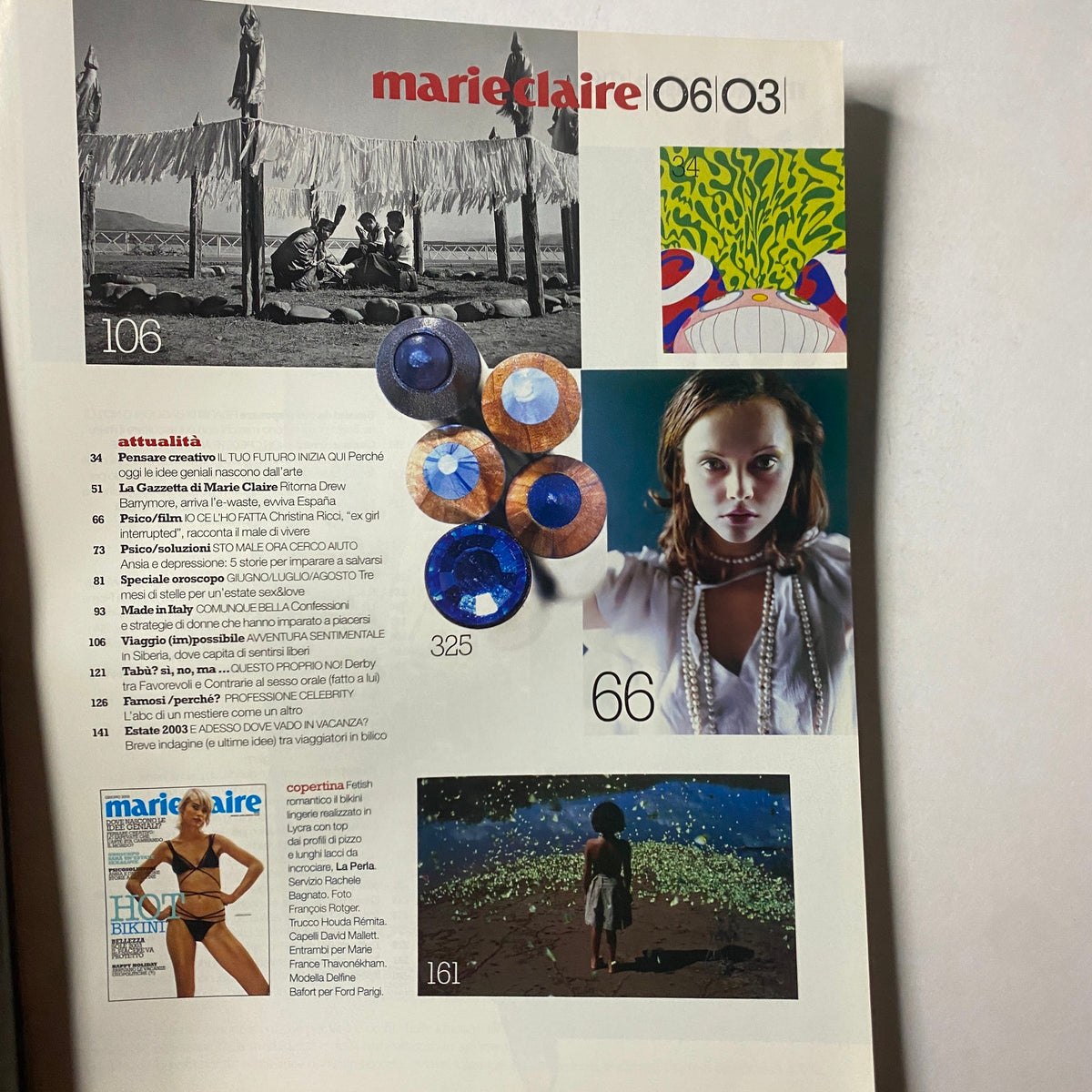 Interior page of Marie Claire Italia Magazine June 2003 displaying a collage of images, including fashion trends and the contents list highlighting articles on culture and editorial themes.