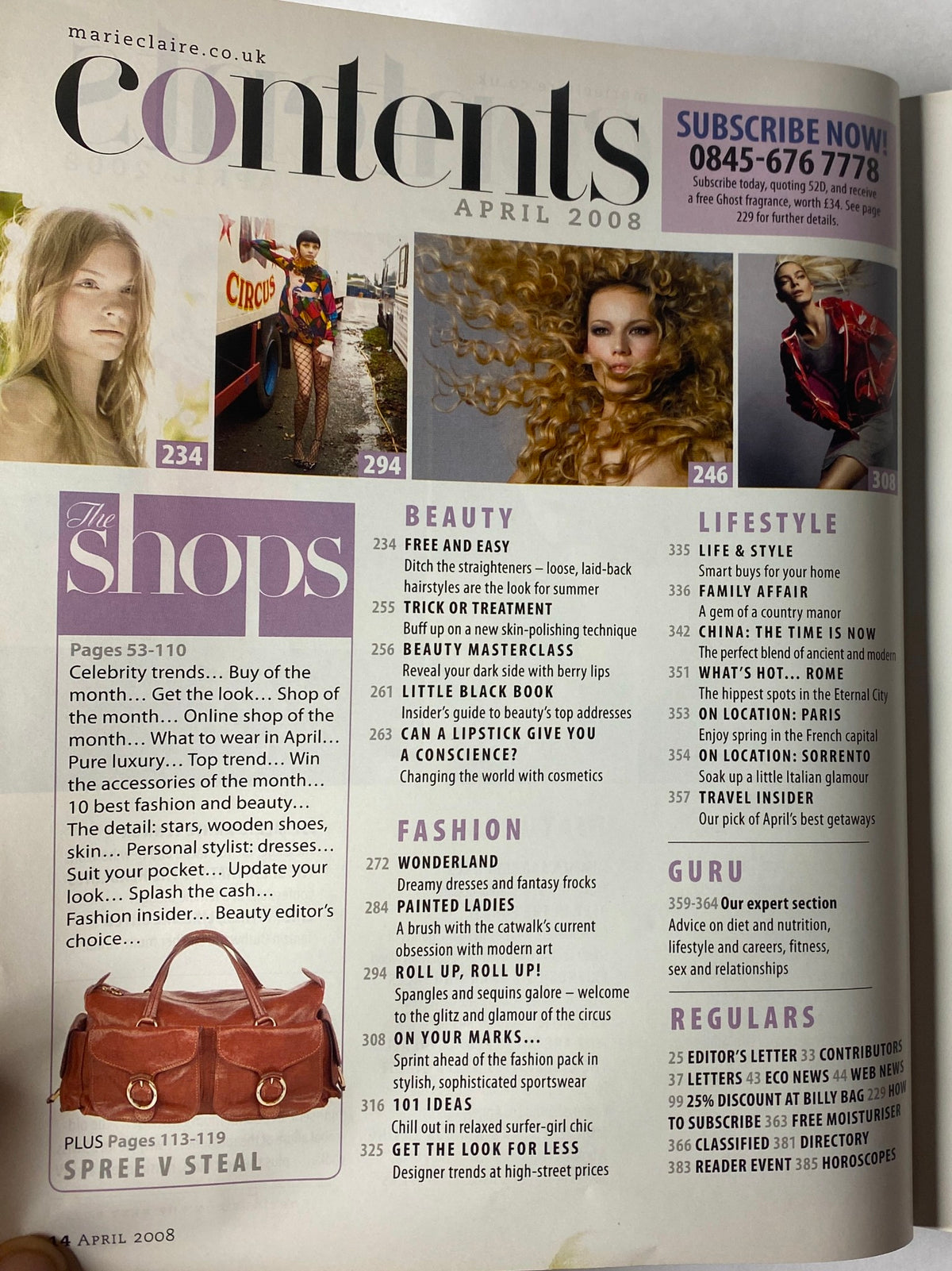 Contents page of Marie Claire UK Magazine April 2008, highlighting features including fashion, beauty, and celebrity trends.
