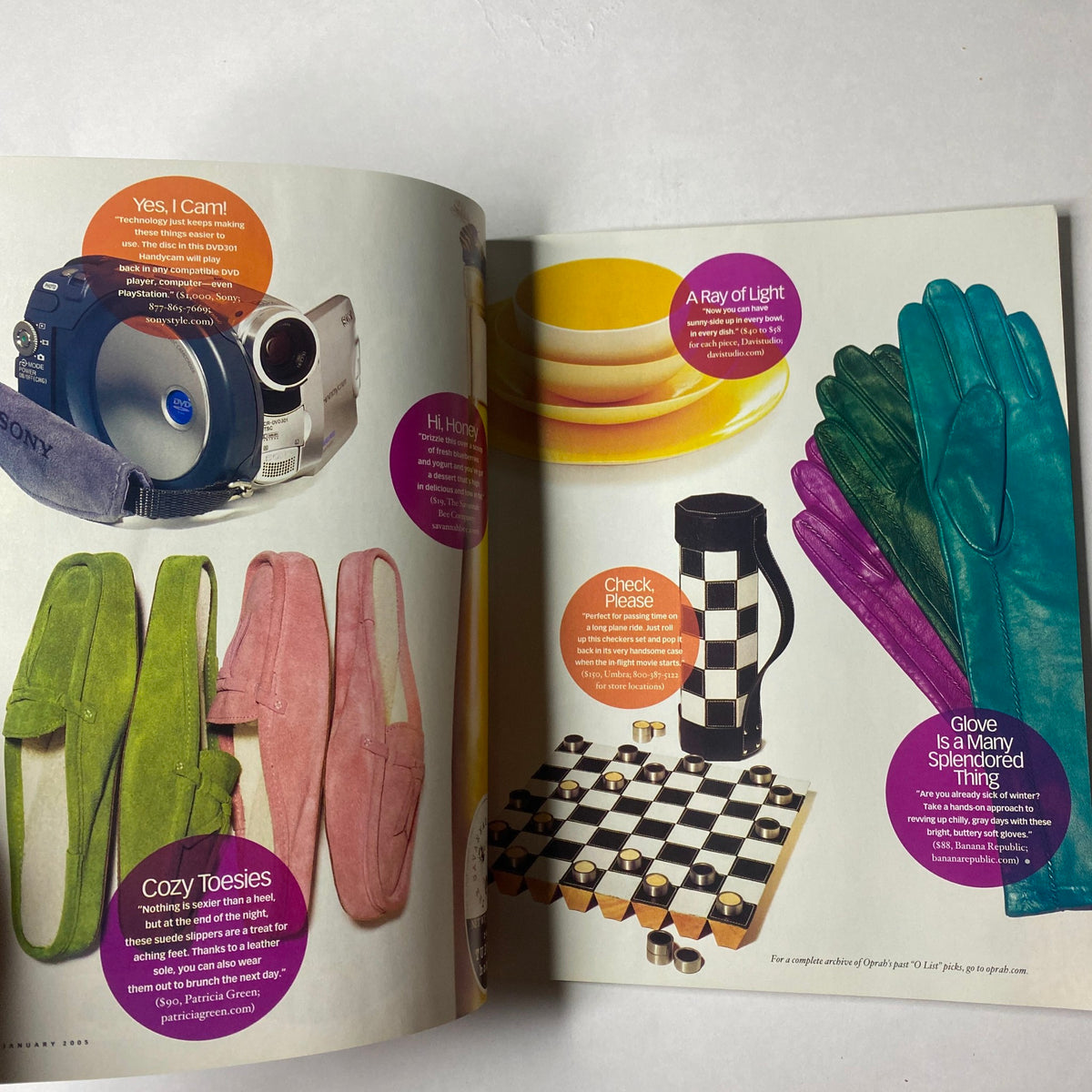Product feature page from The Oprah Magazine January 2005, showcasing unique items like cameras and home goods, emphasizing stylish and functional living.