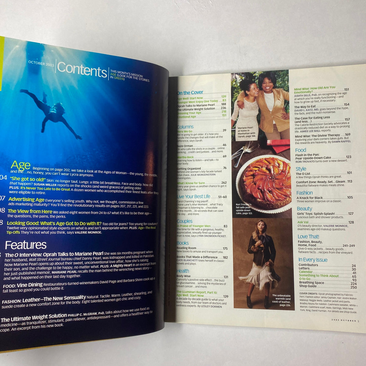 Table of contents from The Oprah Magazine October 2003, detailing features on age, food, fashion, and wellness.