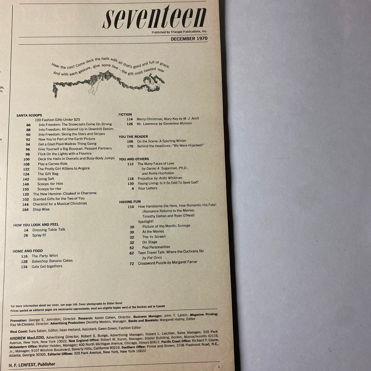 Inside page of Seventeen Magazine, December 1970 displaying the table of contents. It outlines various articles and features, highlighting seasonal fashion, beauty tips, and holiday-themed stories.