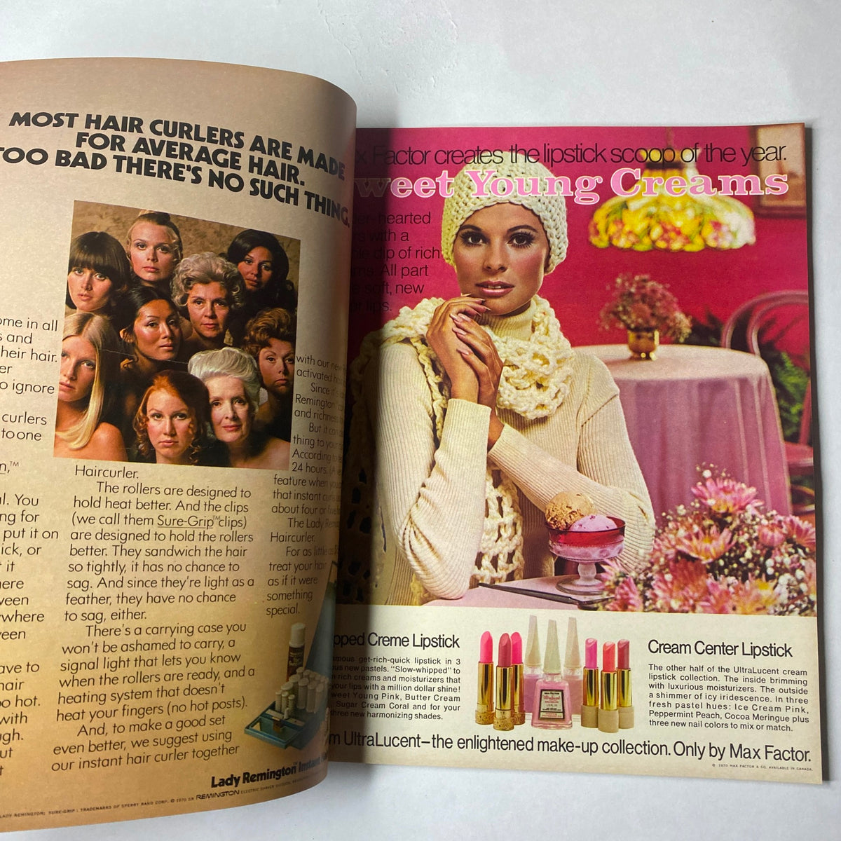 Inside spread from Seventeen Magazine, October 1970 titled 'The Secret Wish of Unwed Fathers', showcasing beauty product advertisements with models demonstrating makeup and skincare.