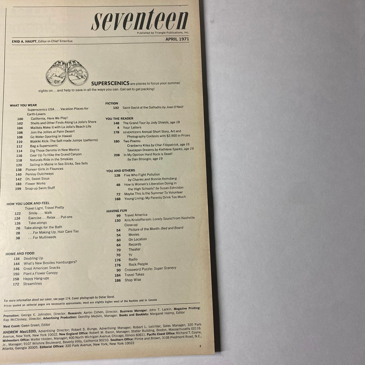 Contents page of Seventeen Magazine April 1971 Superscenics USA Special Travel Issue detailing article sections, travel tips, and features including environmental themes.