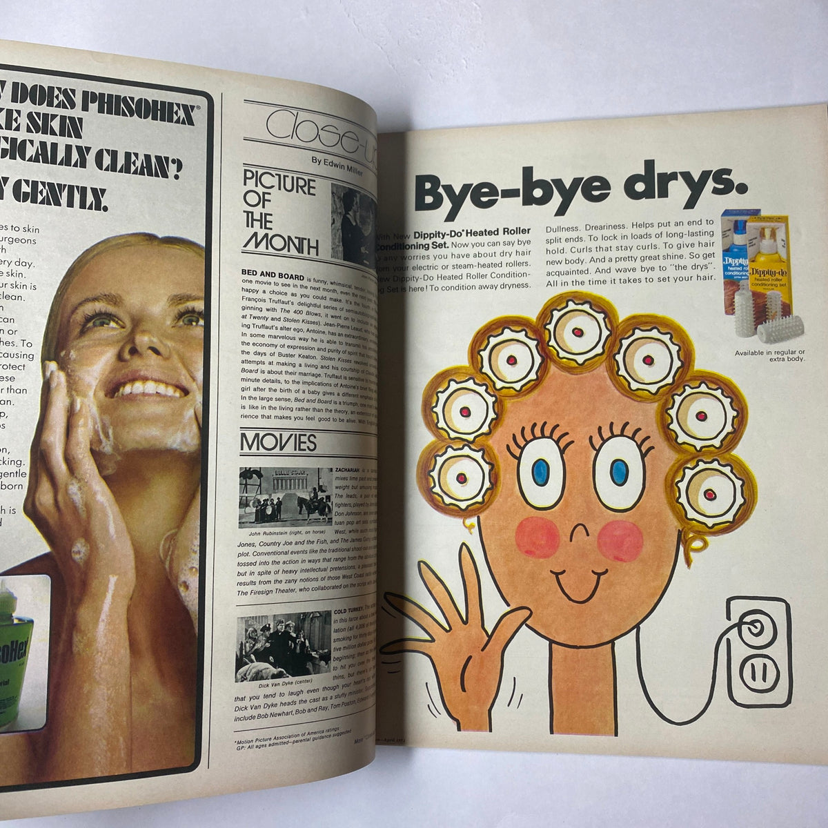 Page from Seventeen Magazine April 1971 Superscenics USA Special Travel Issue showing a beauty advertisement with a smiling woman and whimsical art promoting hair care products.