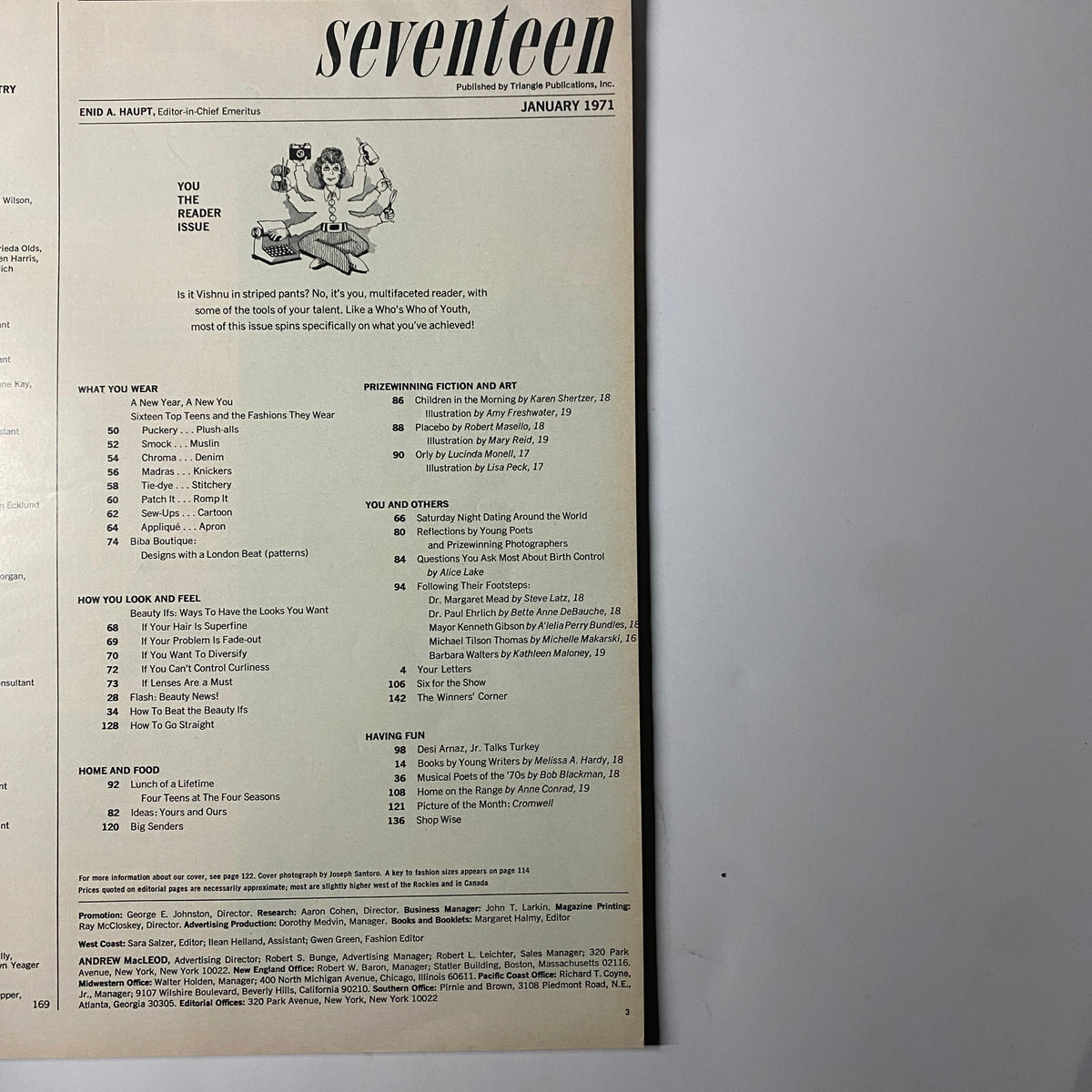 Contents page of Seventeen Magazine January 1971, highlighting articles including prizewinning fiction and dating advice with graphics illustrating youth culture.