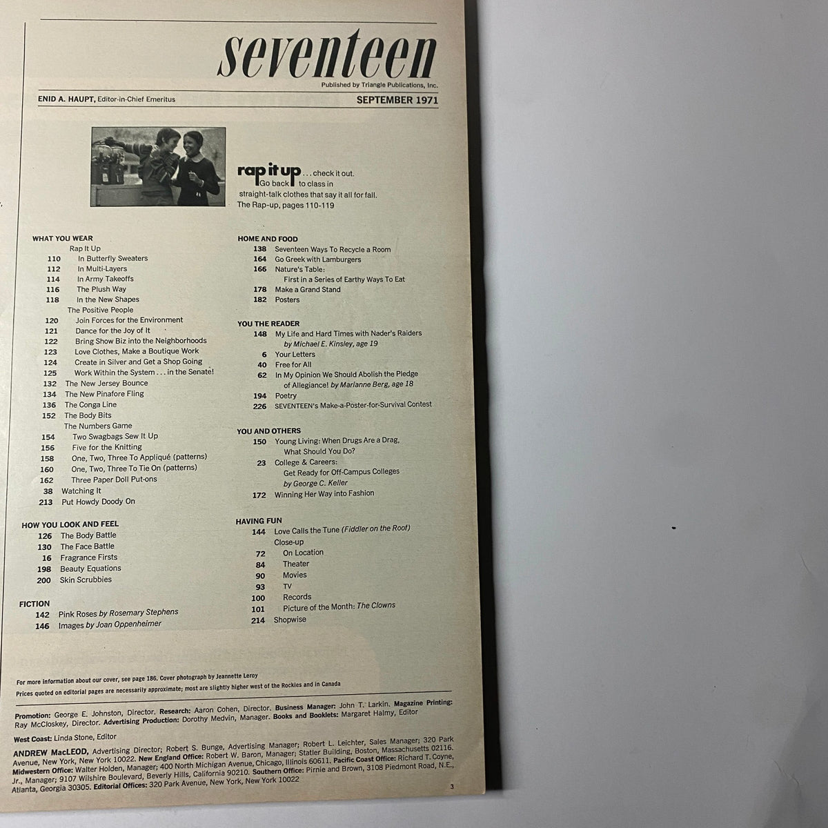 Table of contents from Seventeen Magazine September 1971, detailing sections including fashion, home, food, and more.
