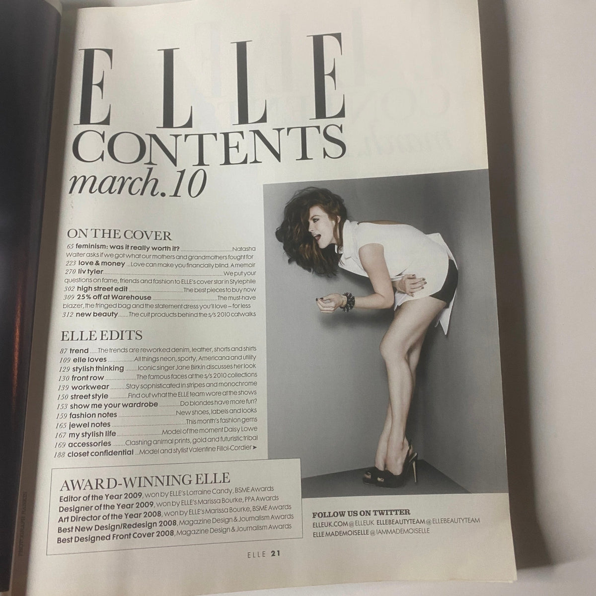 Elle UK Magazine March 2010 contents page featuring Liv Tyler, detailing articles on fashion, beauty, and lifestyle trends.
