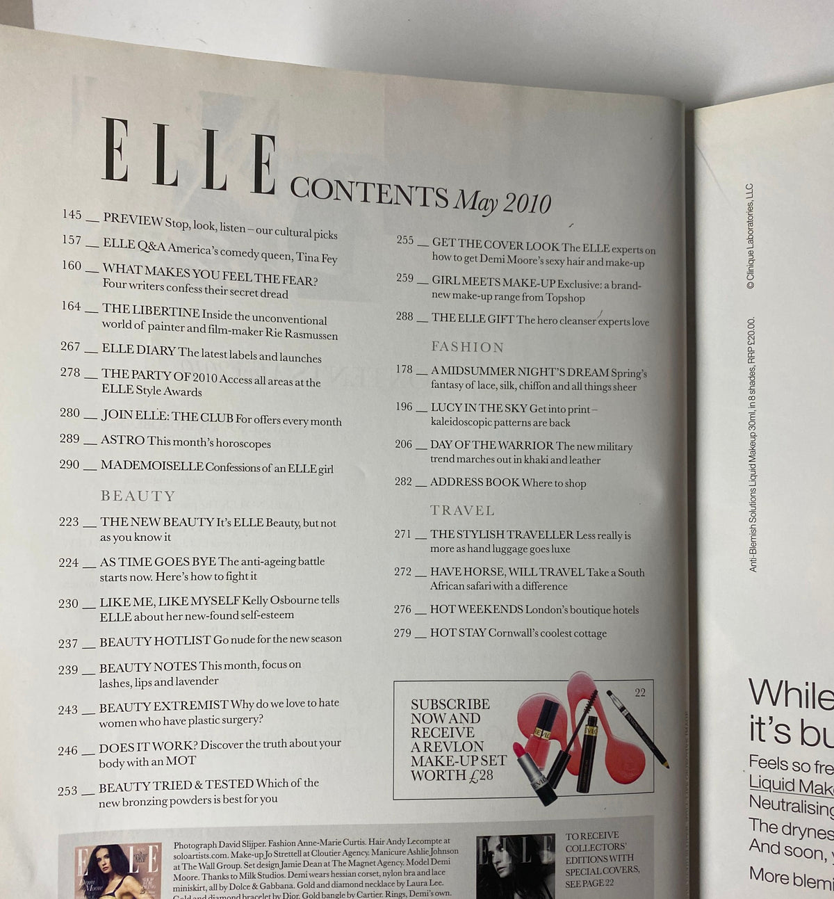 Elle UK Magazine May 2010 contents page featuring article highlights and section titles.