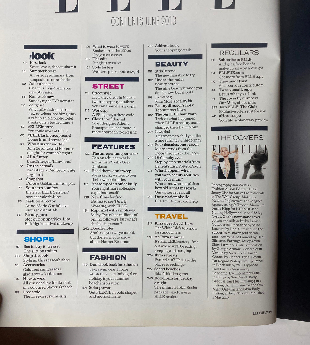 Contents page of the Elle UK Magazine June 2013, detailing various sections including fashion, travel, and beauty with Miley Cyrus on the cover.