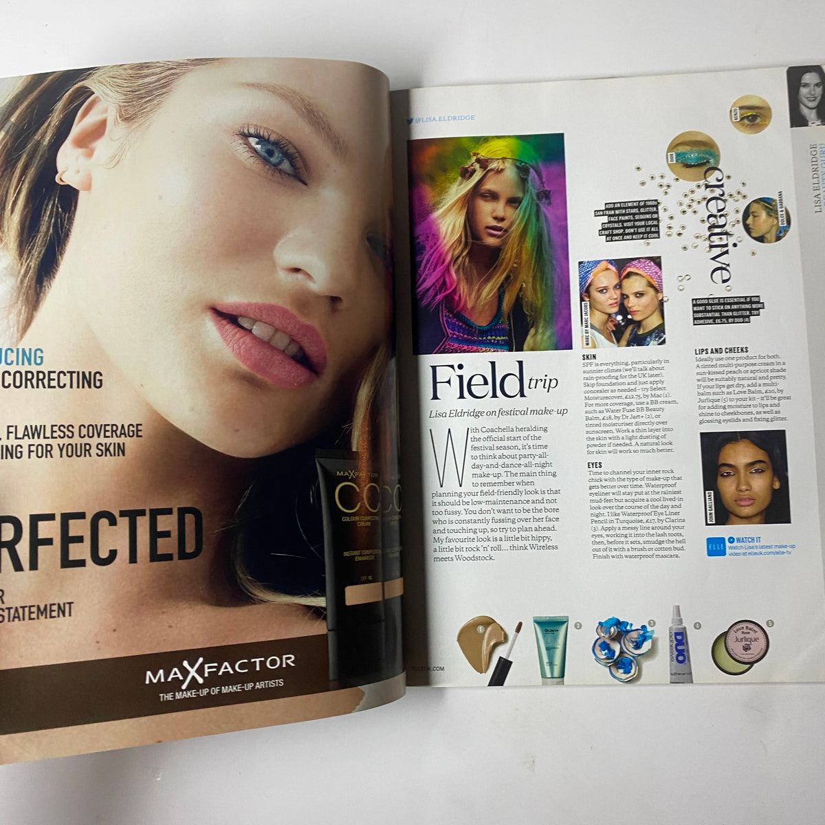 Elle UK Magazine June 2013, featuring a stunning beauty editorial with makeup products from Max Factor, showcasing flawless coverage and artistic makeup ideas.