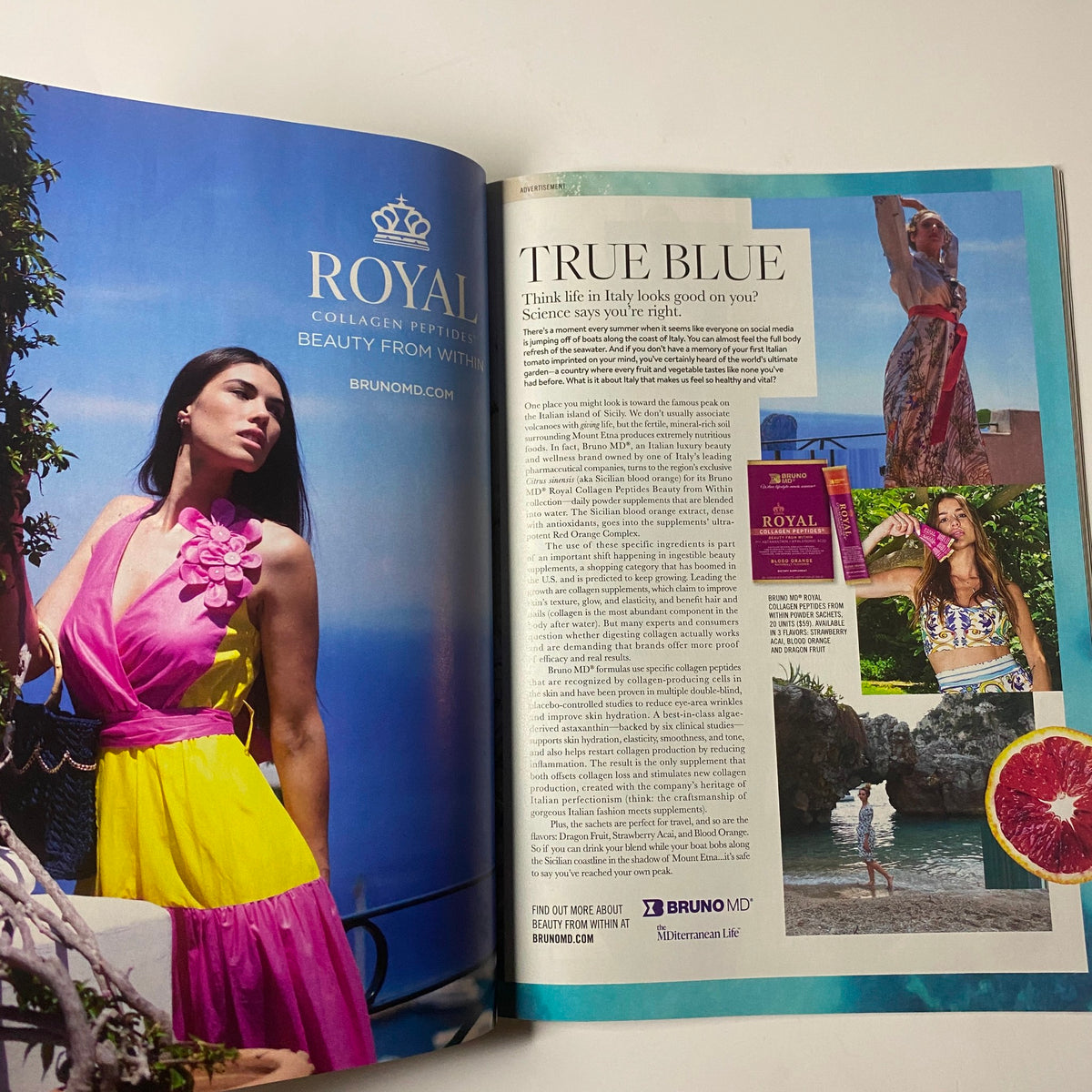 Page from Elle Magazine February 2022 featuring an advertisement for Royal peptides, emphasizing beauty and wellness products.