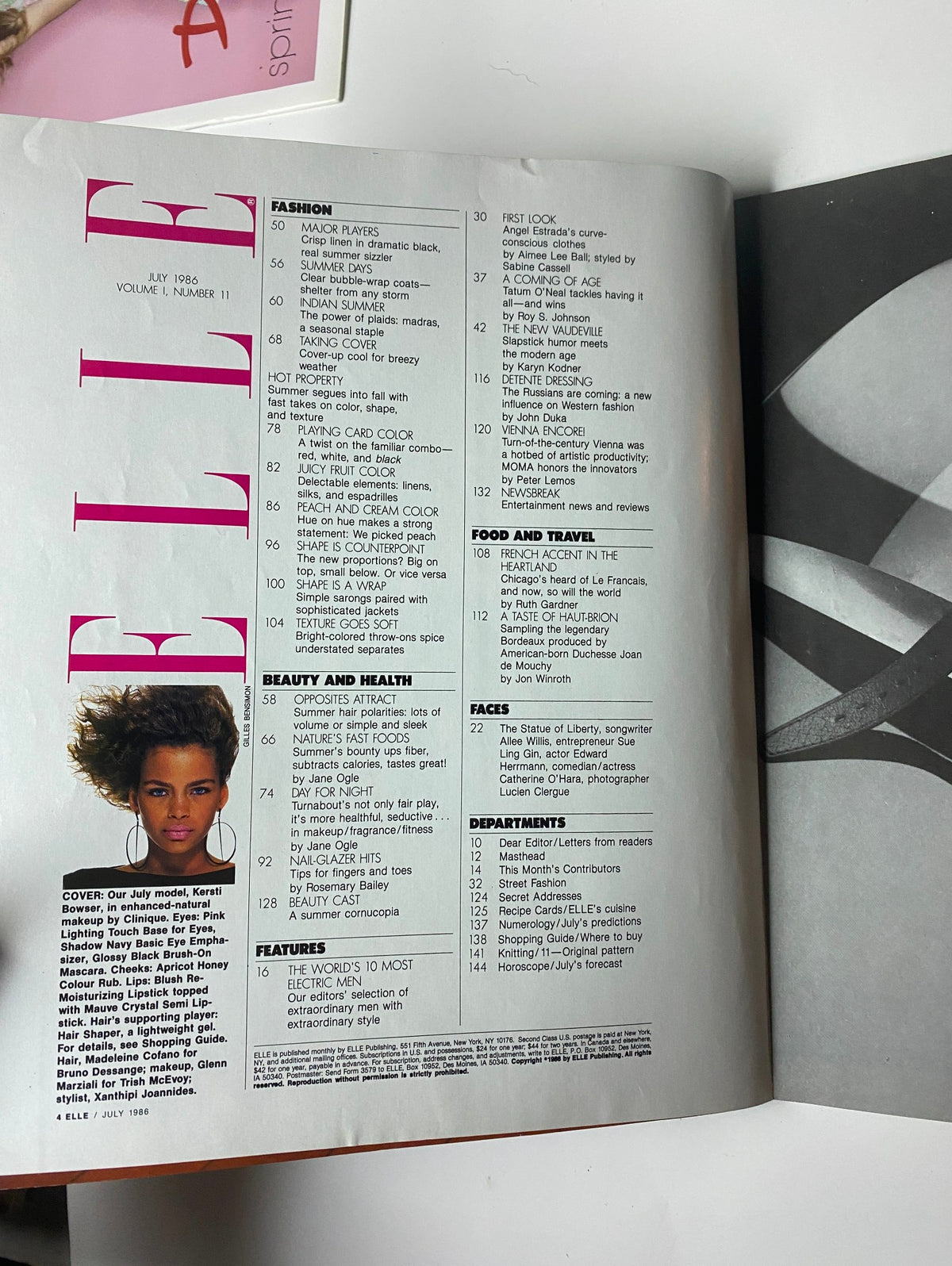 Interior page of Elle Magazine July 1986 No. 11 displaying the contents section with details on fashion, beauty, and travel features.