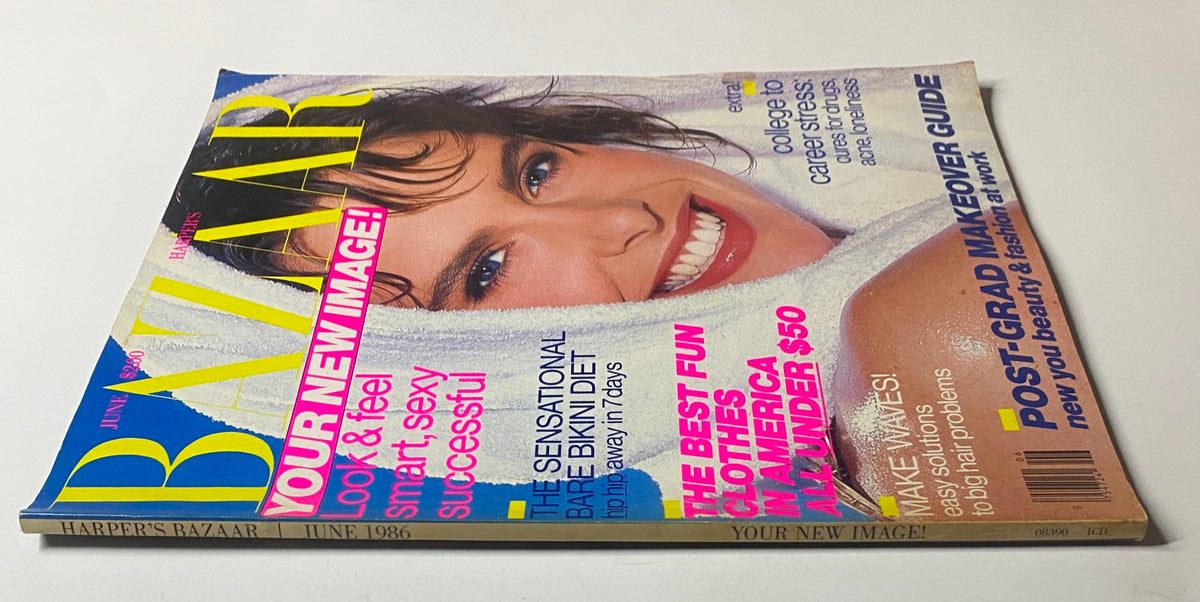 Harper's Bazaar Magazine June 1986 with Kirsten Allen on the cover, displaying a chic layout with advertisements for hair solutions, fashion deals, and a post-graduate makeover guide.