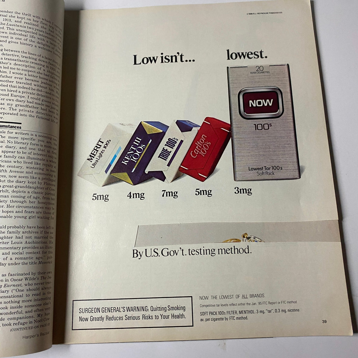 Harper's Bazaar Magazine June 1986 Kirsten Allen Cover displaying a unique advertisement for cigarette brands, illustrating the tobacco industry's marketing during the mid-1980s.