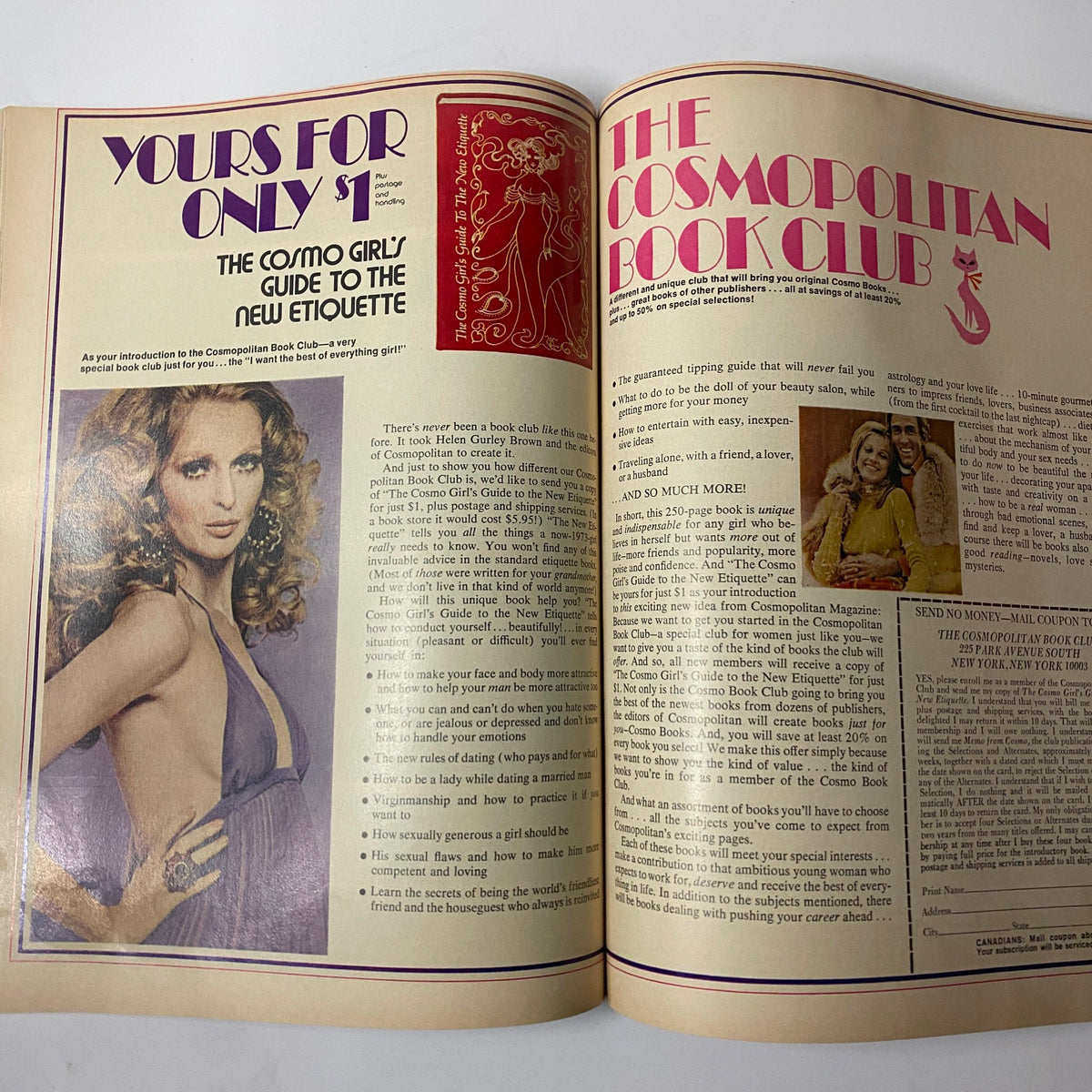 Article spread in Cosmopolitan Magazine February 1974, featuring 'Yours for Only $1' and information about the Cosmo Girl's Guide to Etiquette.